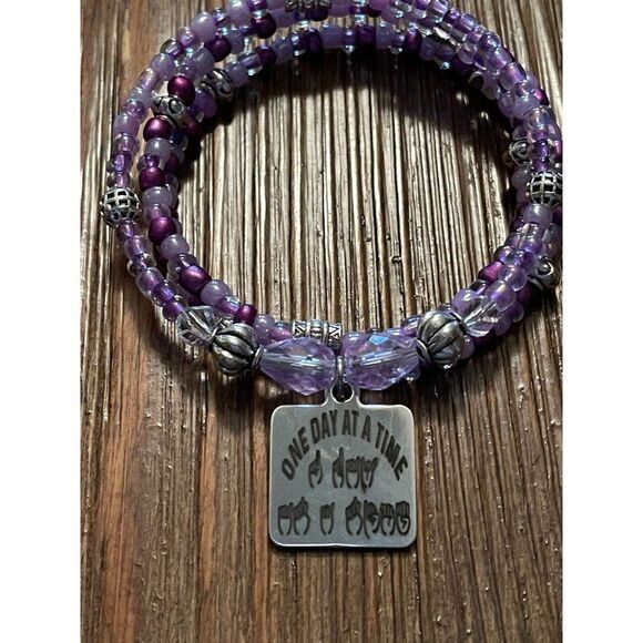 Hand made Purple beaded wrap charm bracelet, sign language bracelet, Memory wire - Picture 4 of 4